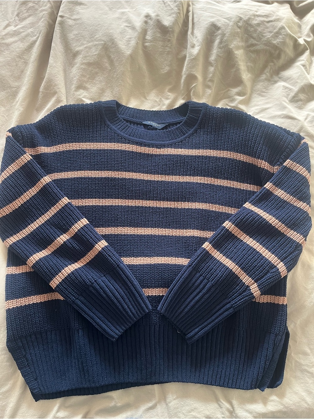 Denver Hayes Navy and Pink Striped Crewneck Sweater
